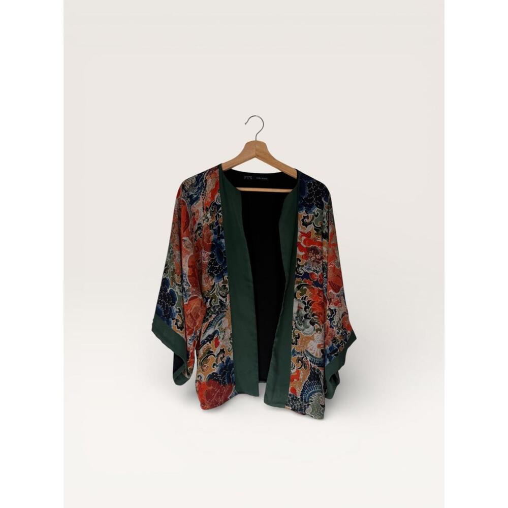 Boho Floral Pattern Kimono with Green Trim